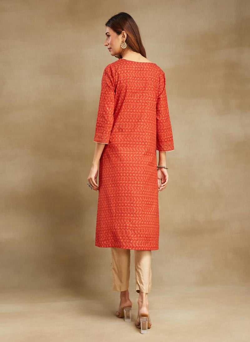 Orange Cotton Hand Block Printed Long Kurta