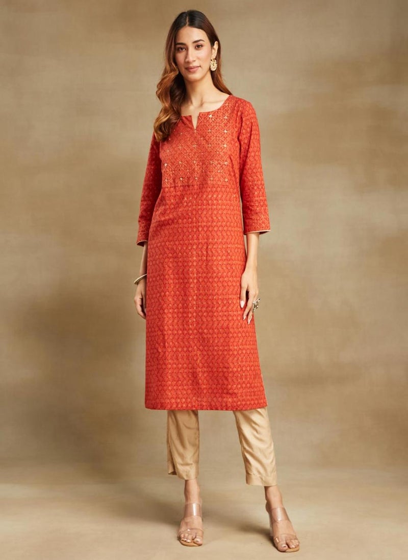 Orange Cotton Hand Block Printed Long Kurta