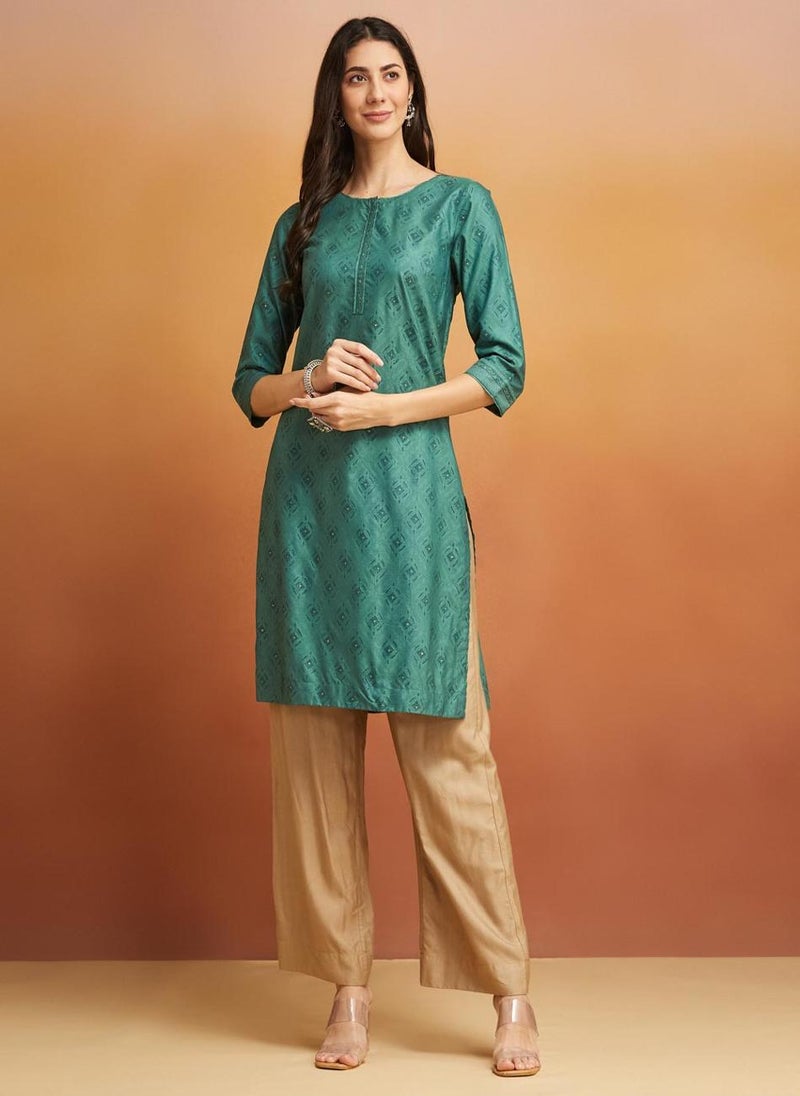 Turquoise Viscose Silk Hand Block Printed Knee Length Kurta