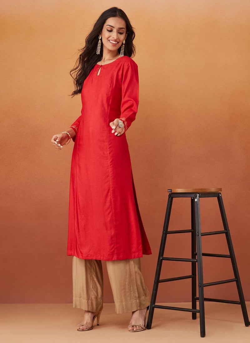 Red Viscose Silk Slim Fit Embroidered Long Kurta