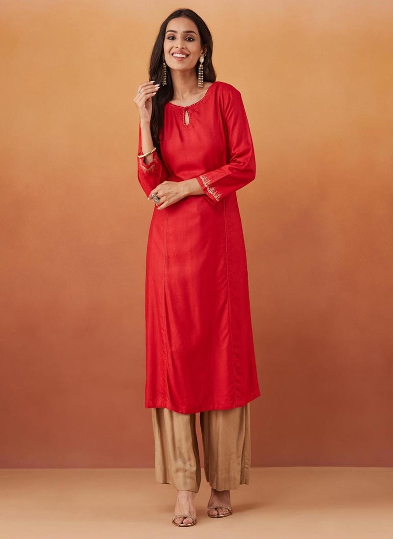 Red Viscose Silk Slim Fit Embroidered Long Kurta