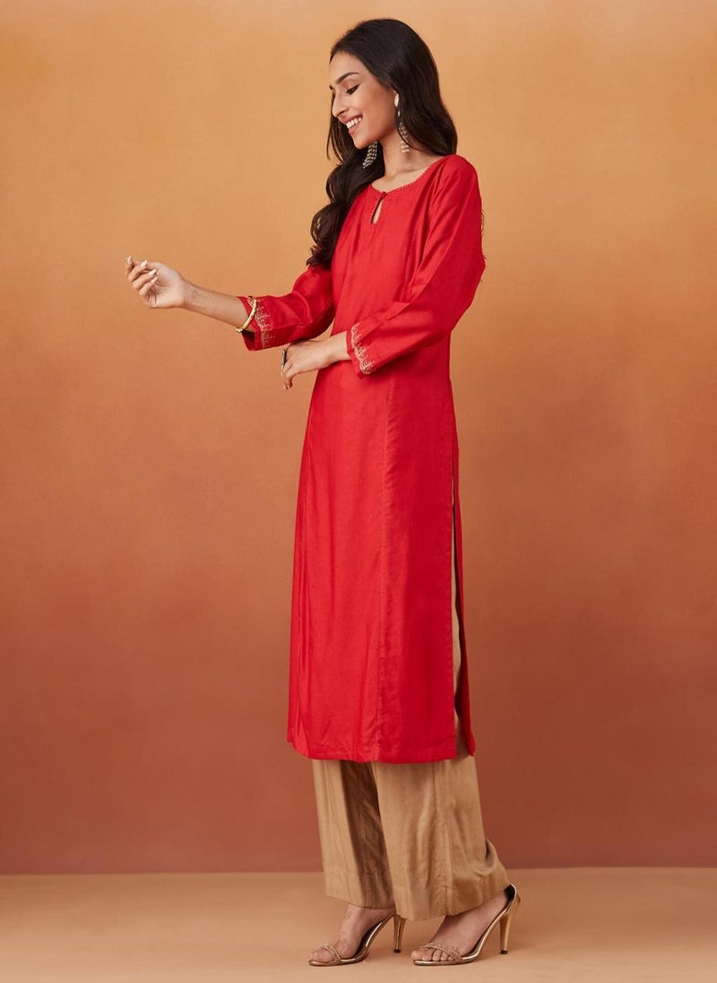 Red Viscose Silk Slim Fit Embroidered Long Kurta