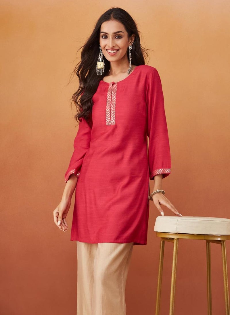 Pink Viscose Silk Slim Fit Embroidered Short Kurta