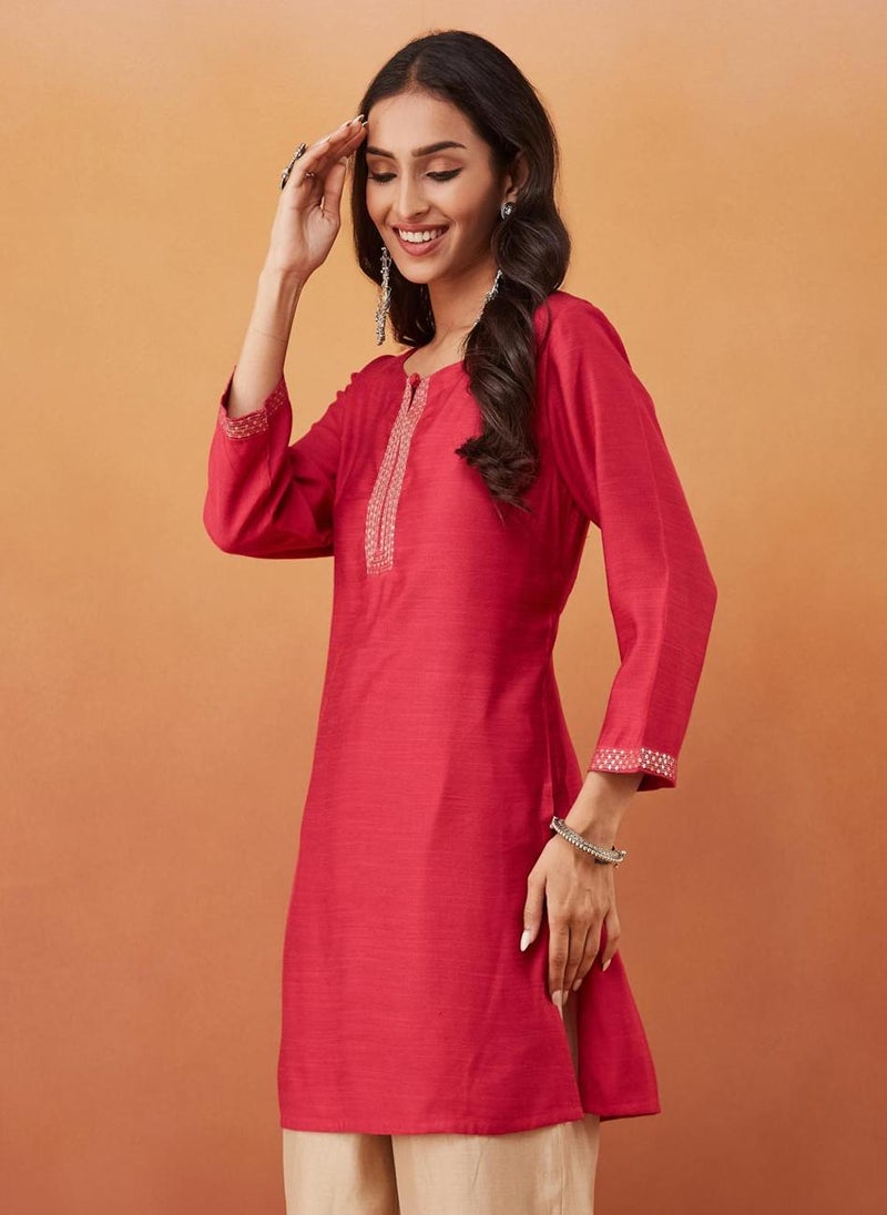 Pink Viscose Silk Slim Fit Embroidered Short Kurta