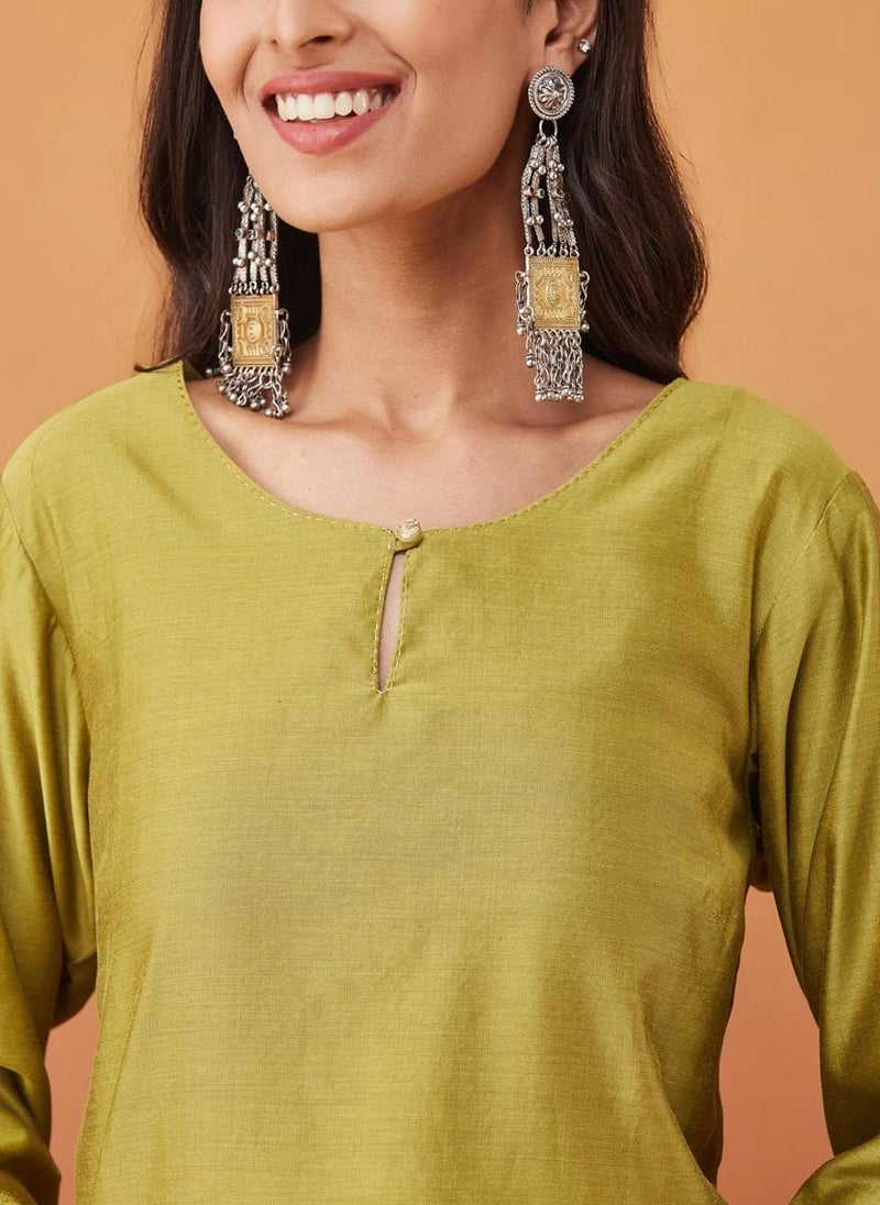 Green Cotton Silk Embroidered Knee Length Kurta