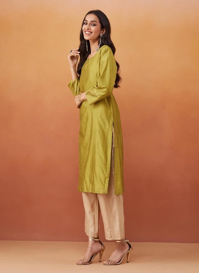 Green Cotton Silk Embroidered Knee Length Kurta