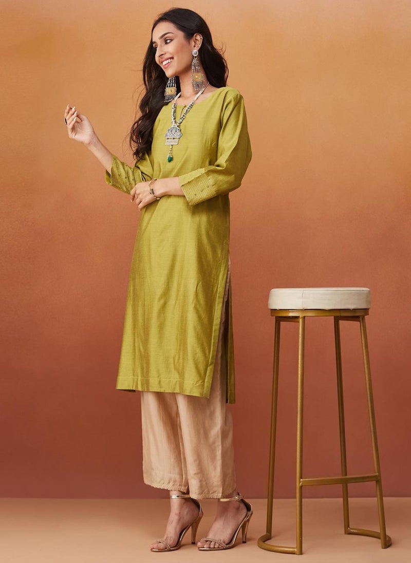 Green Cotton Silk Embroidered Knee Length Kurta