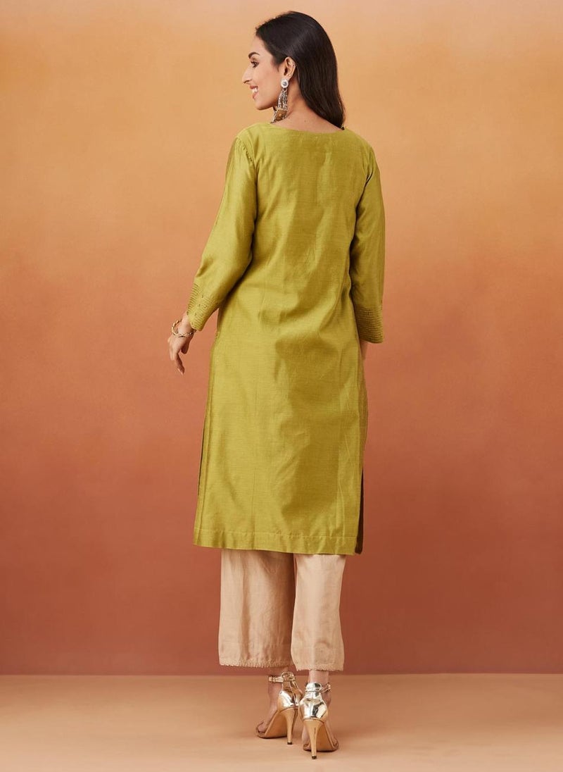 Green Cotton Silk Embroidered Knee Length Kurta