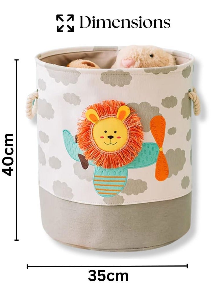 Cute Babys Laundry Basket - Kids Laundry Hamper for Boys, (Lion) Collapsible Thicken Durable Toys Organizer Storage Round Baskets and Nursery Bedroom Décor (Light Grey）