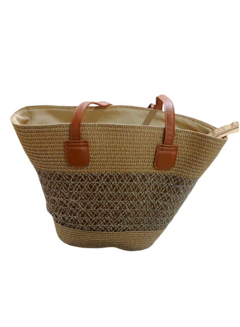 Women Rattan Woven Straw Tote Bag Spacious Large Capacity Bohemian Style Beach Bag Striped Design  Rattan Bag for Beach