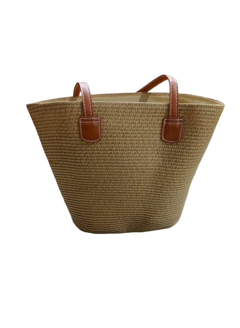 Unique Rattan Woven Straw Tote Bag Spacious Large Capacity Bohemian Style Beach Bag Striped Design Bag