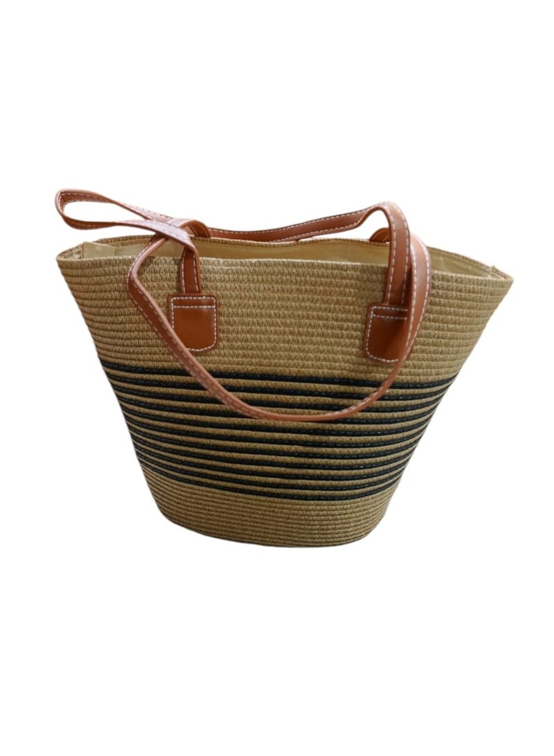 Rattan Woven Straw Tote Bag Spacious Large Capacity Bohemian Style Beach Bag Striped Design  Rattan Bag for Beach