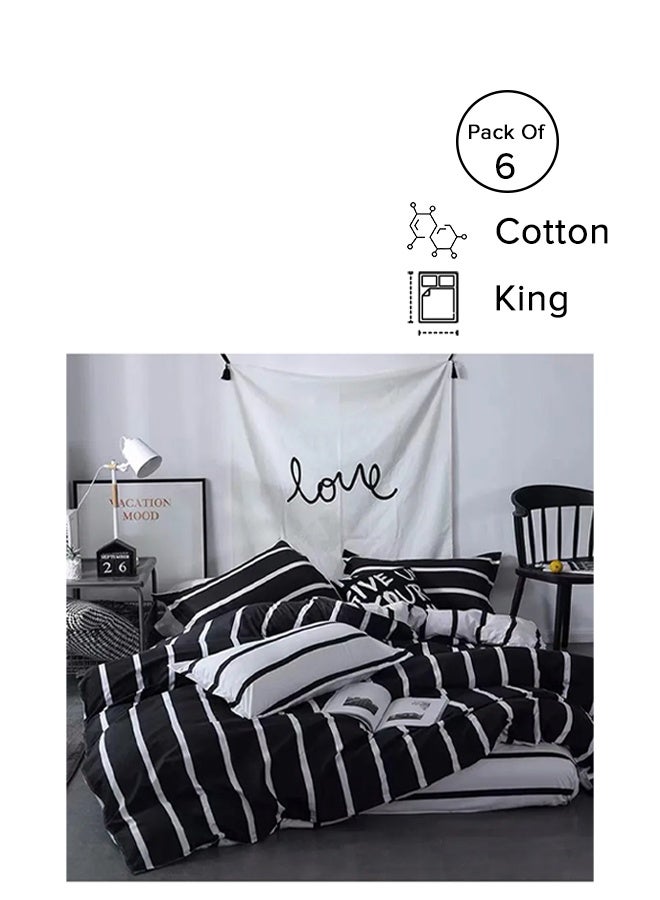 6-Piece Premium Quality Long Lasting Super Soft Light Weight King Size Bedding Set Cotton Black/White