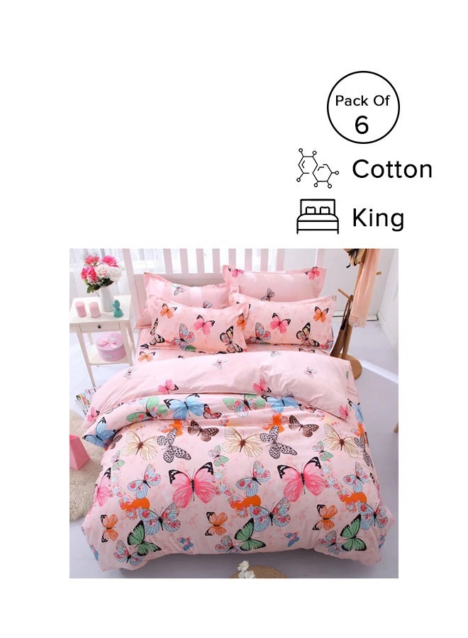 6-Piece King Size Premium Collection Super Soft Long Lasting Washable Butterfly Design Bedding Duvet Set Includes 1xDuvet Cover,1xFitted Sheet 200x200+30 cm,4xPillowcases 50x75 cm Microfiber Multicolour