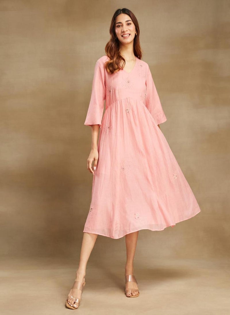 Pink Cotton Silk Cutwork Midi Dress