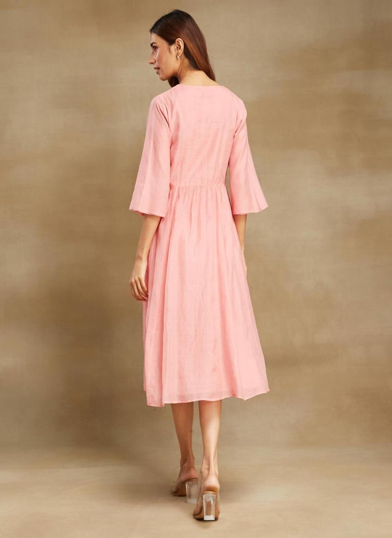 Pink Cotton Silk Cutwork Midi Dress