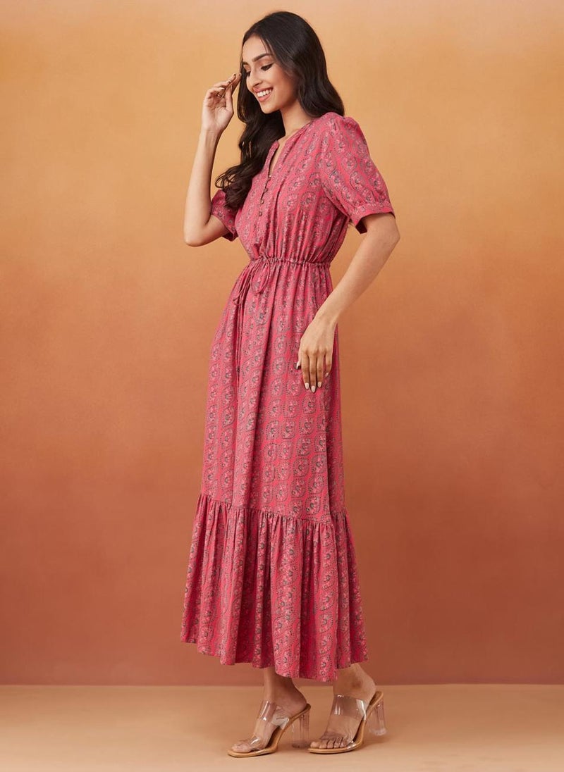 Pink Cotton Hand Block Printed Maxi