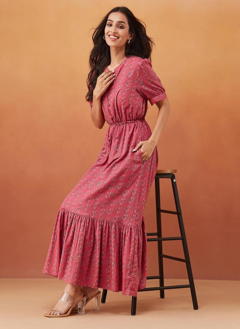 Pink Cotton Hand Block Printed Maxi