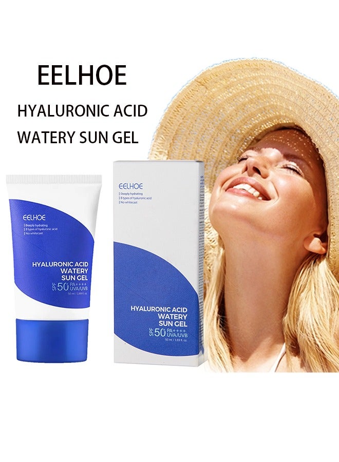 Hyaluronic Acid Watery Sun Gel Spf50+ Pa++++ 50ml, Natural Moisturizing Sunscreen, Sun Protection Cream for Face,Water Resistant and Non-Greasy Sunscreen, Against Uva&Uvb Radiation