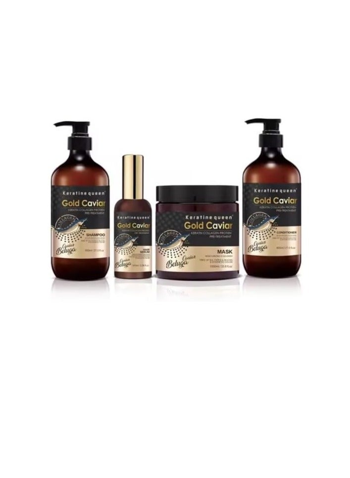 Keratine Gueen Gold Caviar Conditioner,800ml Shampoo,800ml Hair Mask800ml & Hair Serum/Oil 100ml