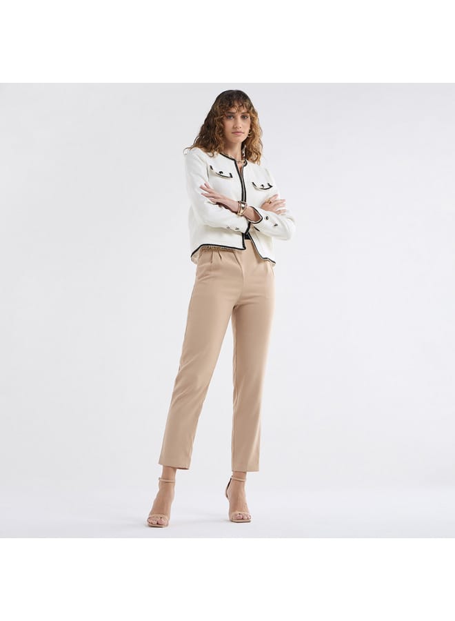 Solid Pleated Regular Fit Trousers with Metallic Accent