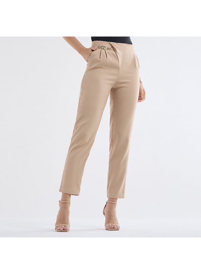 Solid Pleated Regular Fit Trousers with Metallic Accent