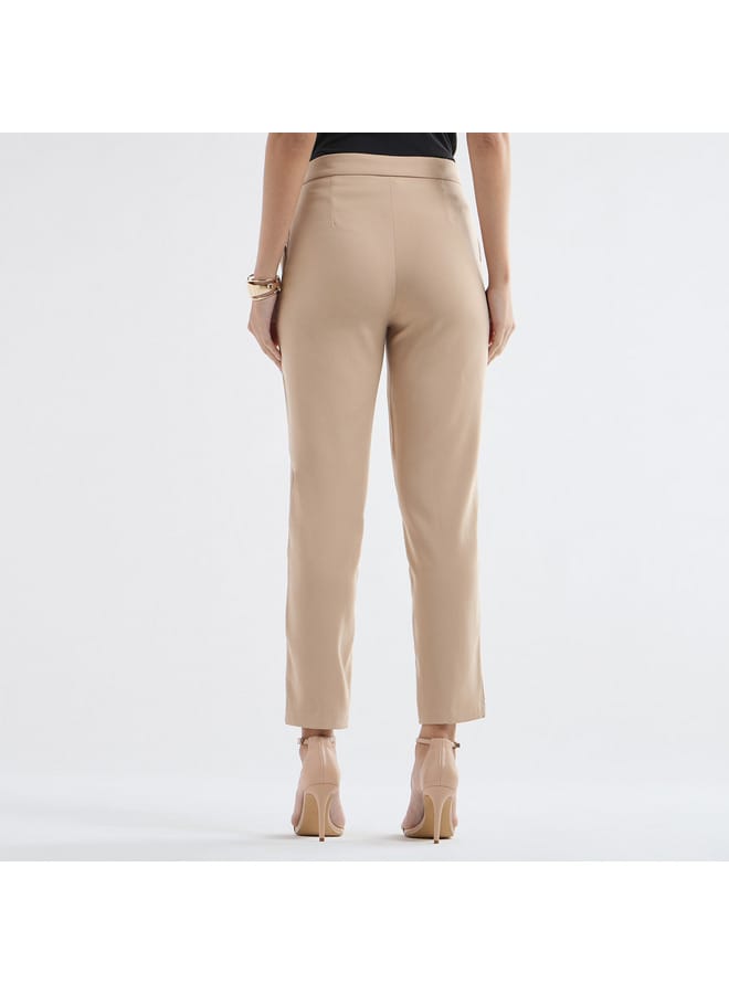 Solid Pleated Regular Fit Trousers with Metallic Accent