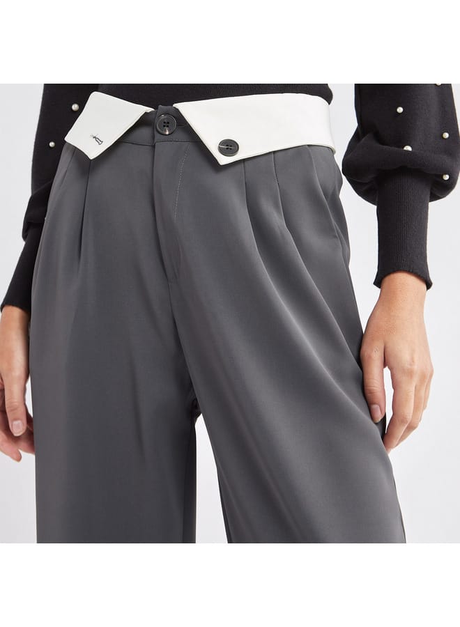 Plain Wide Leg Pants with Pleat Detail and Pockets