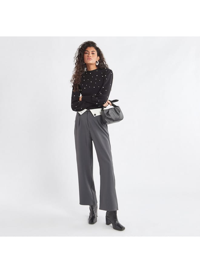 Plain Wide Leg Pants with Pleat Detail and Pockets