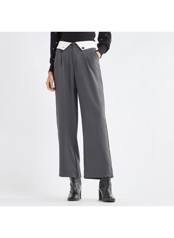 Plain Wide Leg Pants with Pleat Detail and Pockets