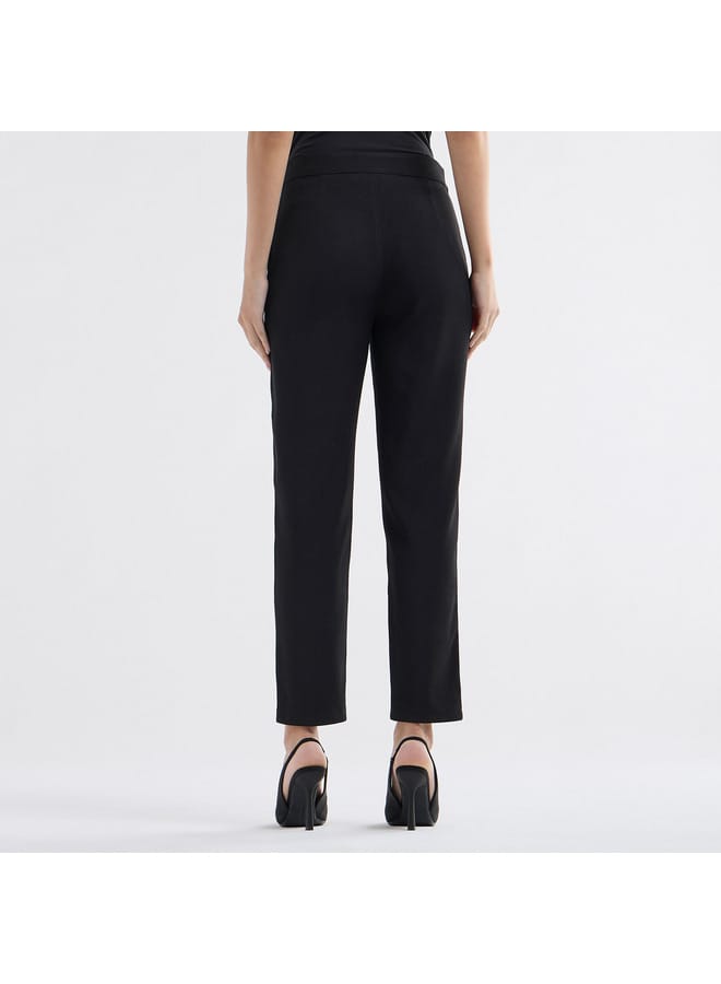 Solid Pleated Regular Fit Trousers with Metallic Accent