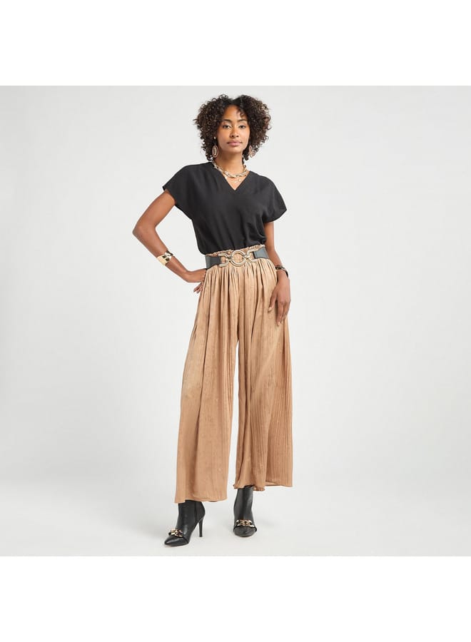 Textured Wide Leg Pants with Elasticated Waistband