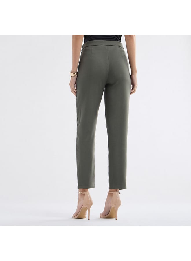 Solid Pleated Regular Fit Trousers with Metallic Accent