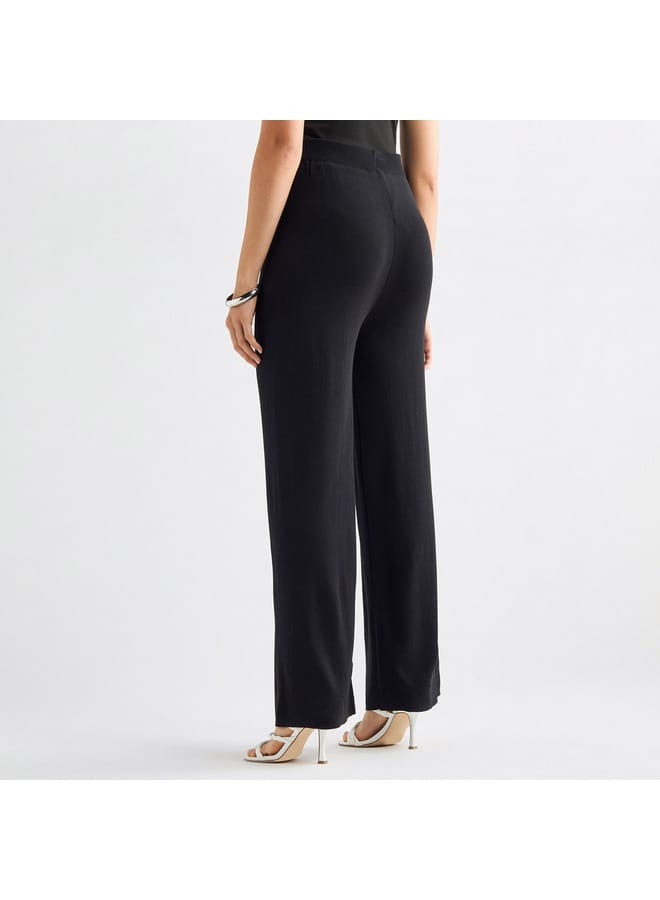 Solid Wide Leg Pants with Ribbed Waistband