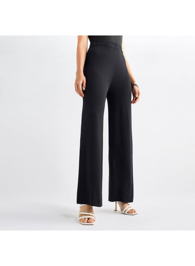 Solid Wide Leg Pants with Ribbed Waistband