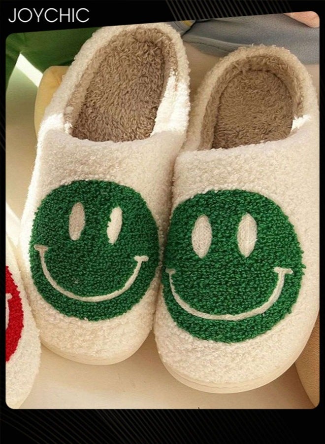 Autumn Winter Warm Smiley Face Designed Bedroom Slippers White/Green for Women/ Men