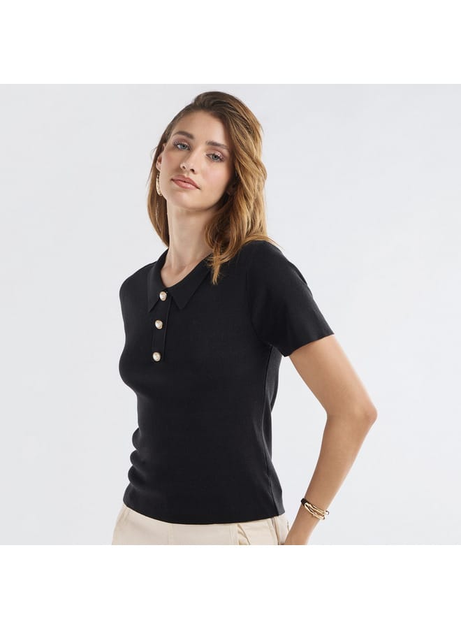 Solid Top with Collared Neck and Short Sleeves