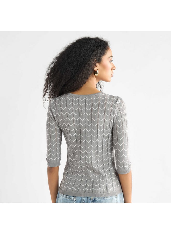 Textured Sweater with Round Neck and 3/4 Sleeves