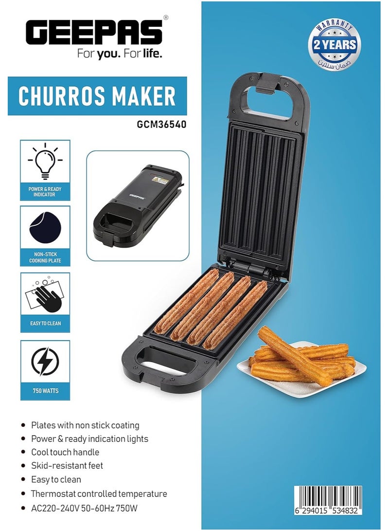 Churro Maker with Non-Stick Plates, Power & Ready Indicator, 750W, Makes 4 Healthy Oil-Free Churros at a Time