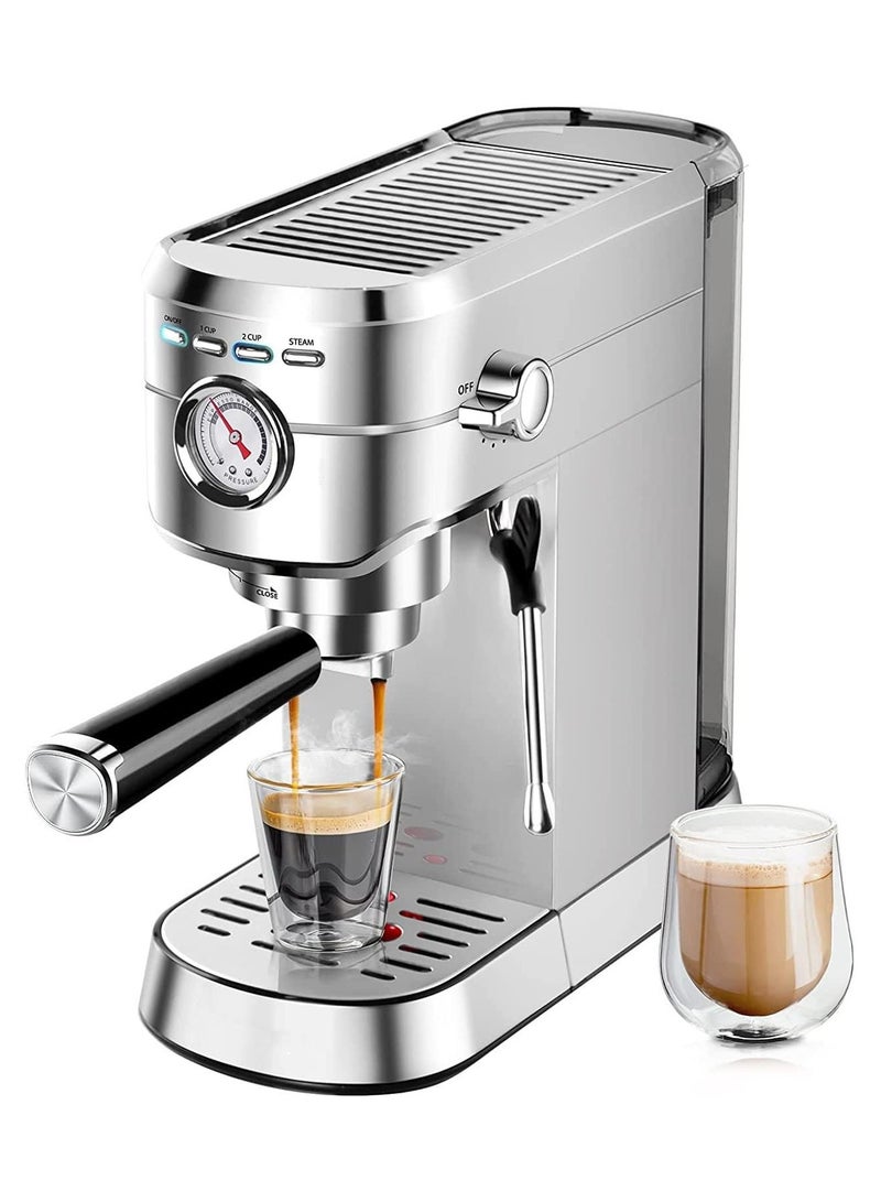 Espresso Machine 20 Bar – Professional Espresso Maker with Milk Frother Steam Wand, Compact Espresso Coffee Machine with 34oz Removable Water Tank for Cappuccino, Latte, Silver