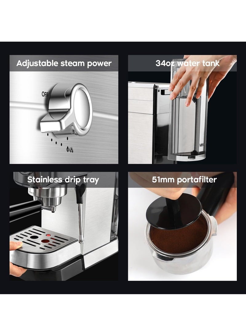 Espresso Machine 20 Bar – Professional Espresso Maker with Milk Frother Steam Wand, Compact Espresso Coffee Machine with 34oz Removable Water Tank for Cappuccino, Latte, Silver