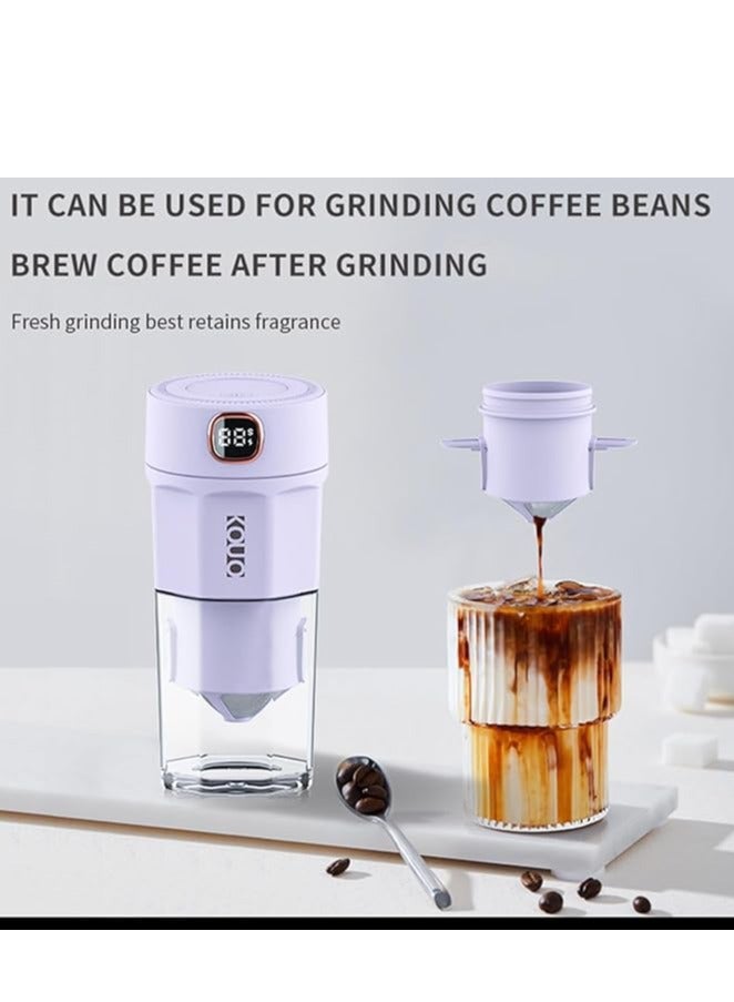 Portable Coffee Grinder and Blender Smoothies with 12Oz BPA Free Personal Travel Cup, Durable Stainless Steel Mix Blender with Metal Coffee Filter, USB Rechargeable(Purple)