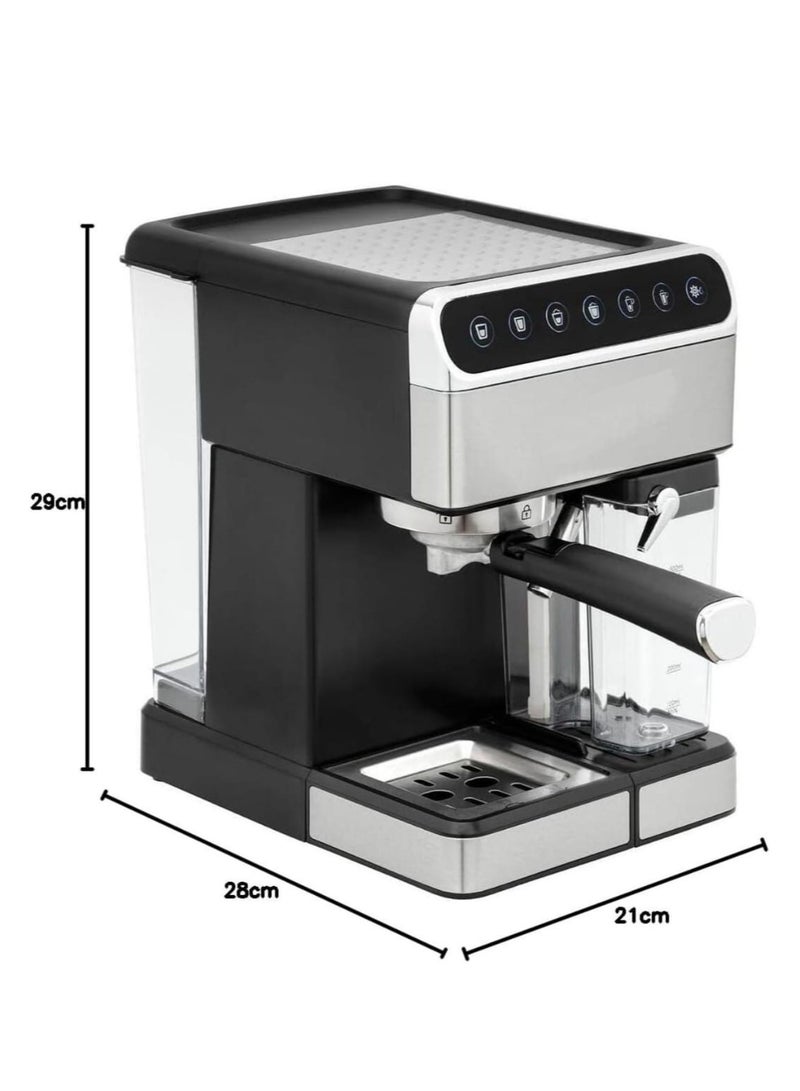 Espresso Maker with 15 Bar Pressure 1.8L 1350W Stainless Steel Machine with Preheating Milk Frother, Detachable Water Tank, and Measuring Spoon for Perfect Espresso