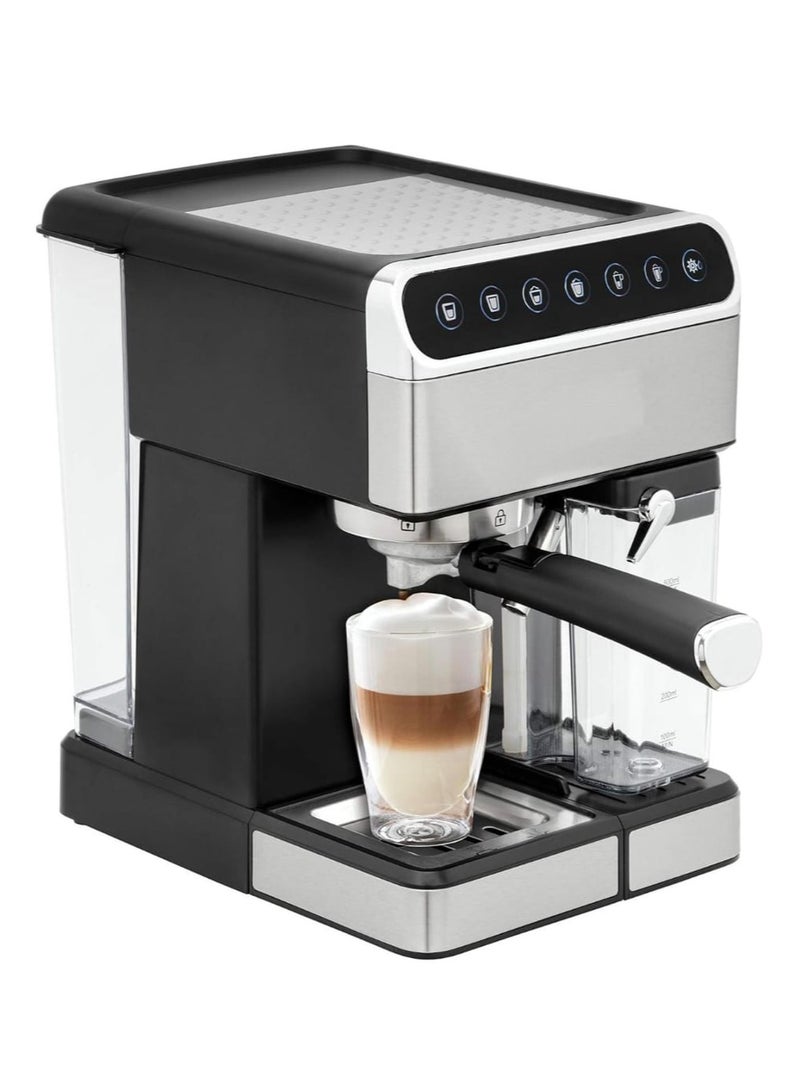 Espresso Maker with 15 Bar Pressure 1.8L 1350W Stainless Steel Machine with Preheating Milk Frother, Detachable Water Tank, and Measuring Spoon for Perfect Espresso