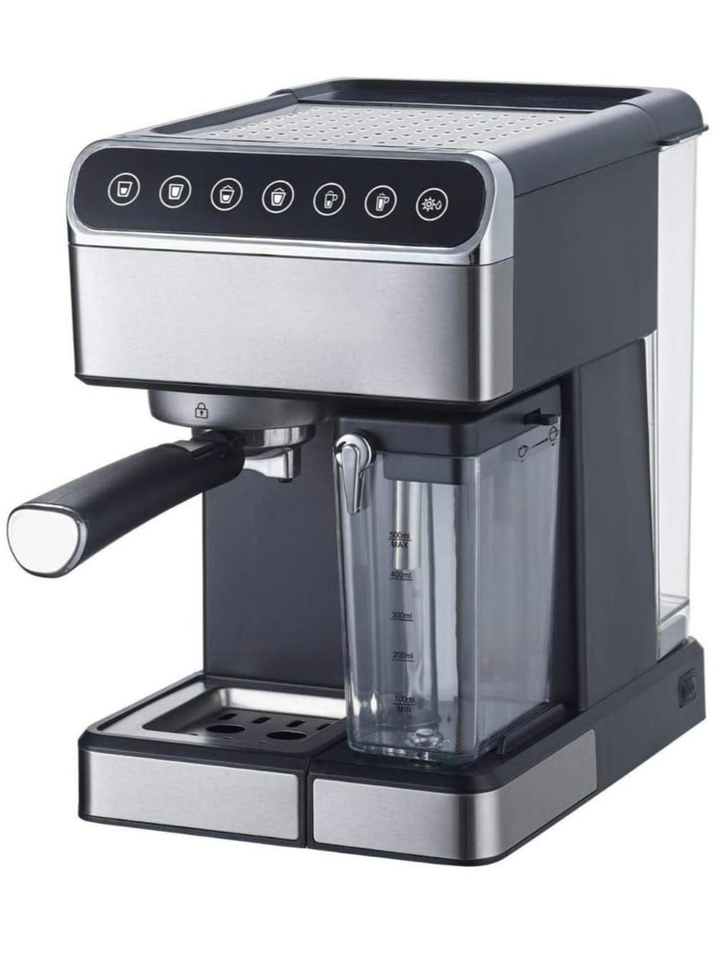 Espresso Maker with 15 Bar Pressure 1.8L 1350W Stainless Steel Machine with Preheating Milk Frother, Detachable Water Tank, and Measuring Spoon for Perfect Espresso