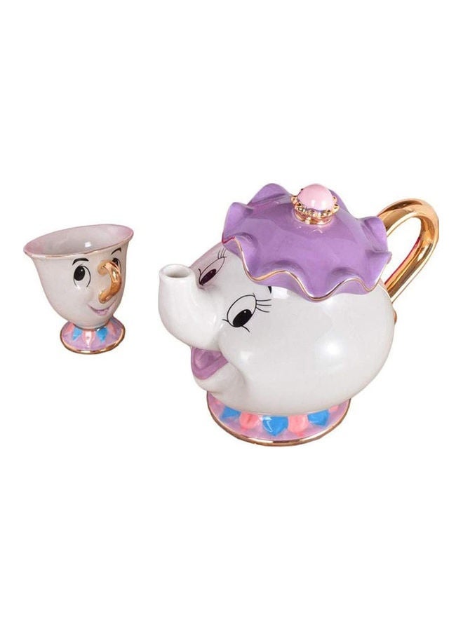 2-Piece Mrs. Potts Chip Tea Pot And Cup Set White/Purple/Gold Tea Pot(500), Cup(55)ml