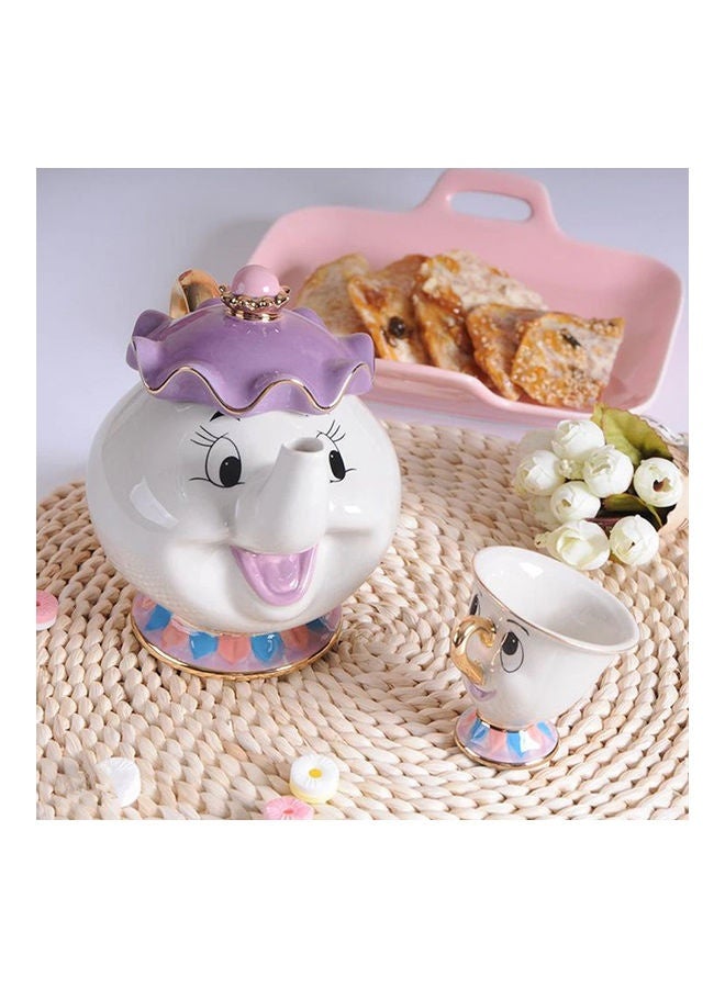 2-Piece Mrs. Potts Chip Tea Pot And Cup Set White/Purple/Gold Tea Pot(500), Cup(55)ml