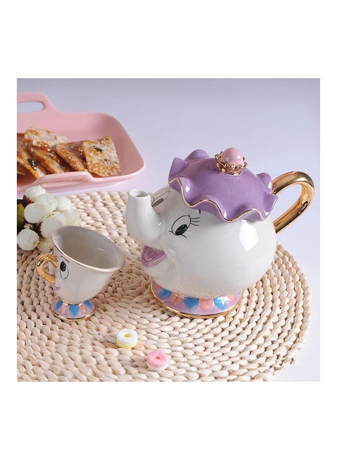 2-Piece Mrs. Potts Chip Tea Pot And Cup Set White/Purple/Gold Tea Pot(500), Cup(55)ml