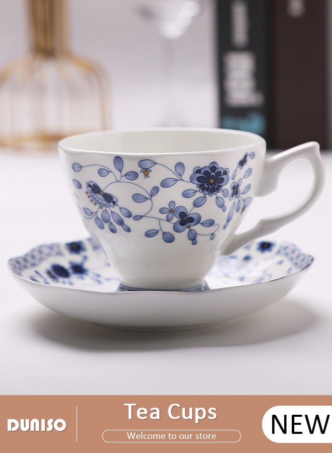 Ceramic Tea Cups and Saucers, European Retro Style Coffee Cups，Bone China Glazed Tea Mugs,  Latte Cups and Espresso Mug for Coffee Drinks and Tea, Kitchen and Living Room Saucers Set,Ceramic Coffee Cup for Office and Home