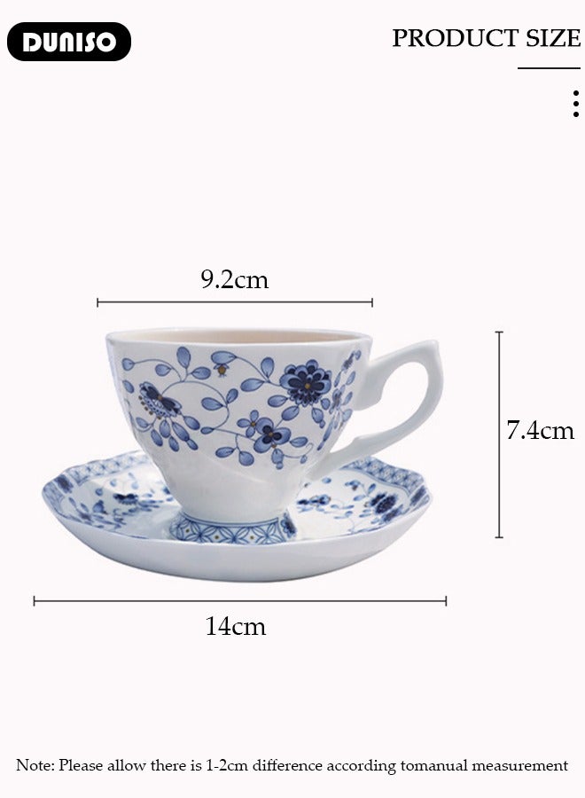 Ceramic Tea Cups and Saucers, European Retro Style Coffee Cups，Bone China Glazed Tea Mugs,  Latte Cups and Espresso Mug for Coffee Drinks and Tea, Kitchen and Living Room Saucers Set,Ceramic Coffee Cup for Office and Home